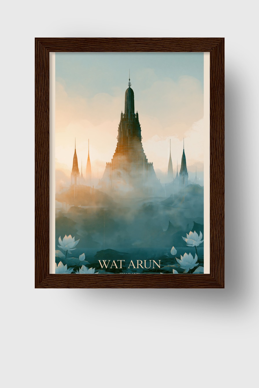 Illustration Poster Tempelspitze Nebel Lotusblüten minimal