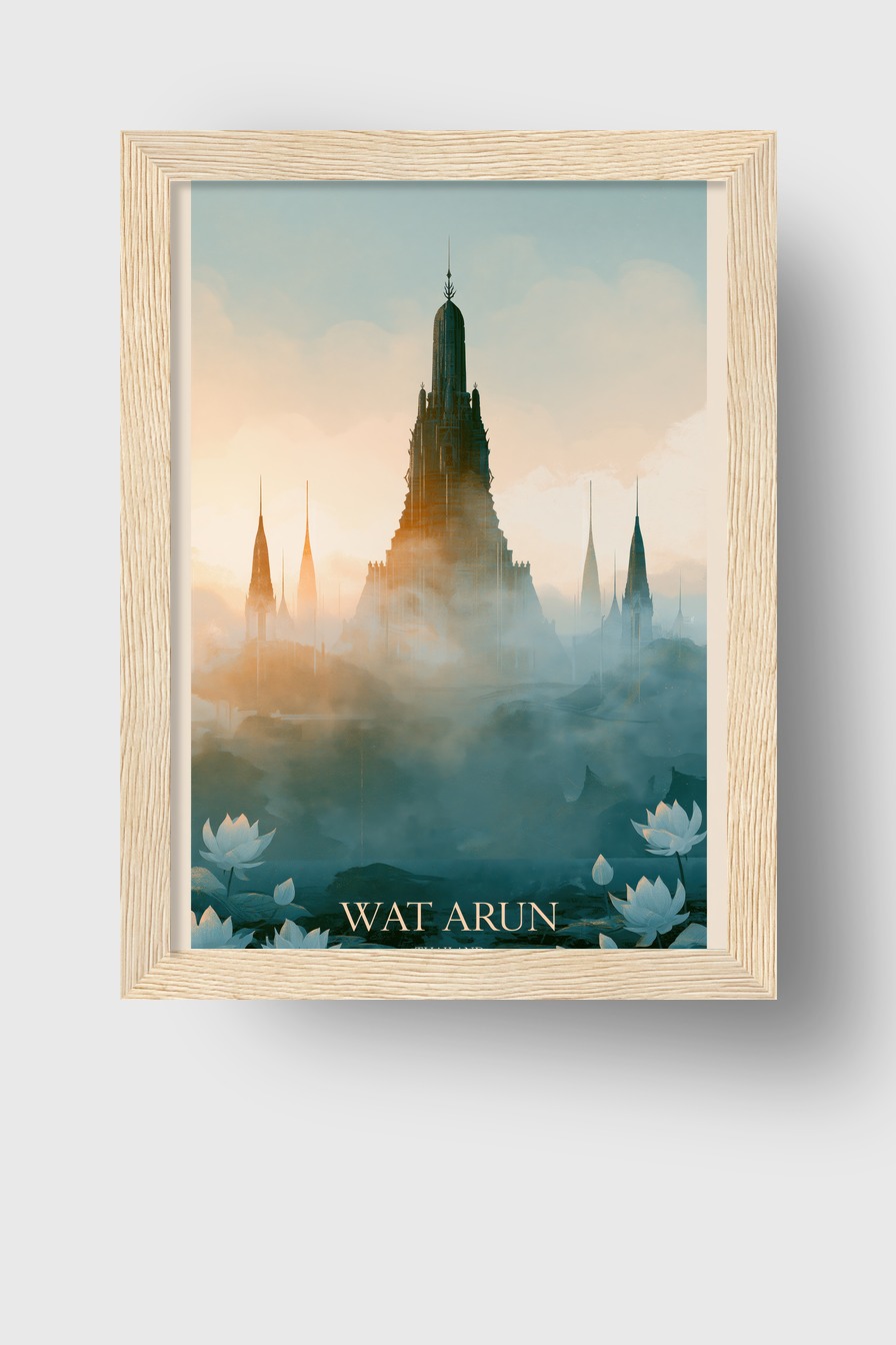 Illustration Poster Tempelspitze Nebel Lotusblüten minimal