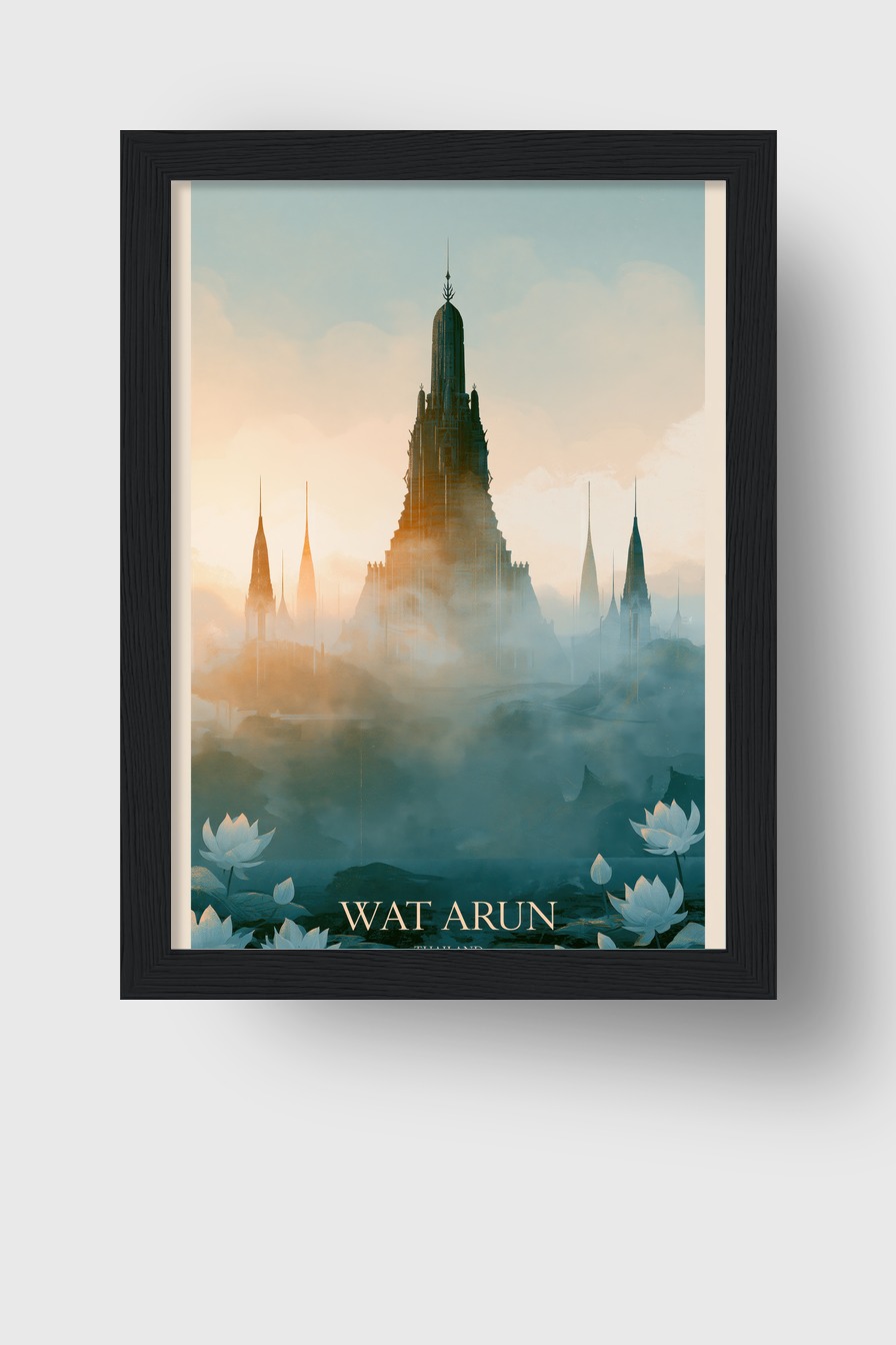 Illustration Poster Tempelspitze Nebel Lotusblüten minimal