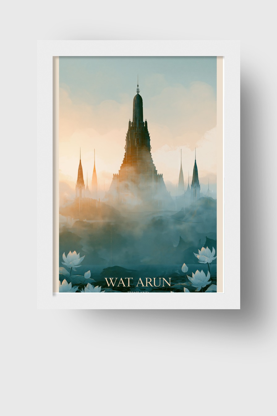 Illustration Poster Tempelspitze Nebel Lotusblüten minimal