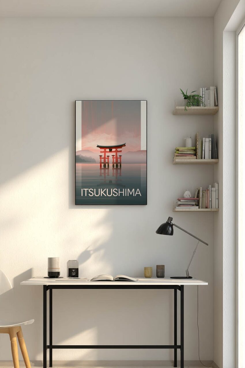 Digitale Kunst Poster Torii Wasser minimalistisch rot grau