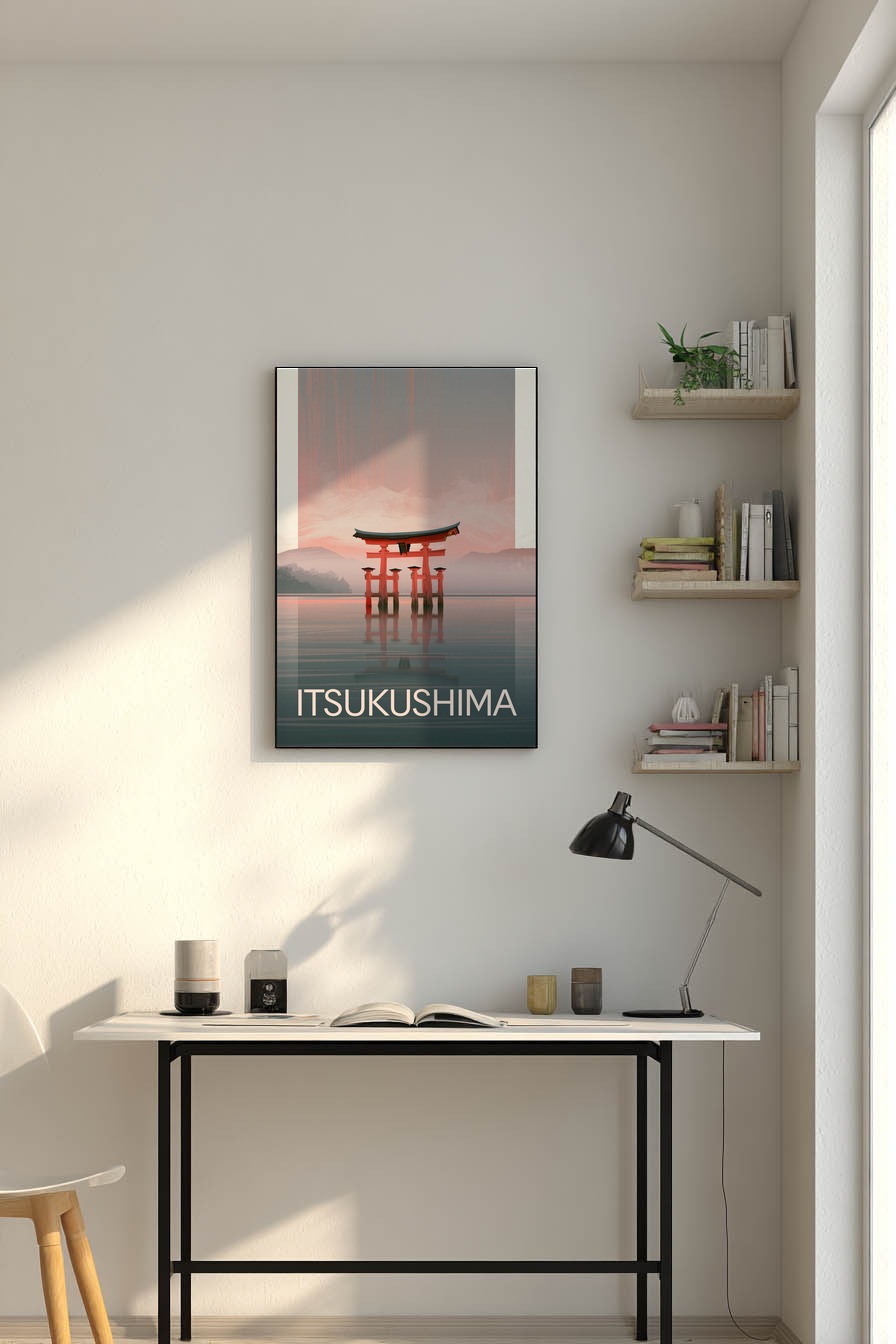 Digitale Kunst Poster Torii Wasser minimalistisch rot grau