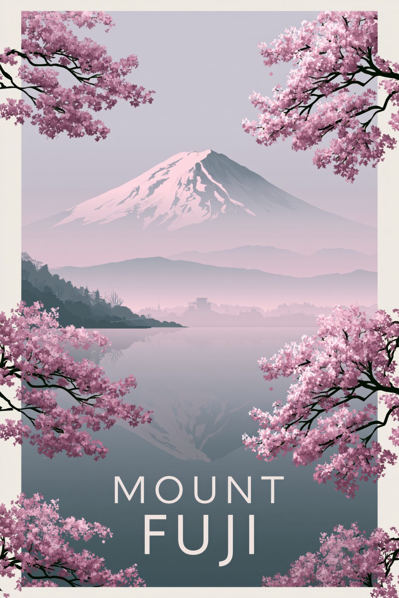 Illustration Poster Mount Fuji Kirschblüten rosa minimal