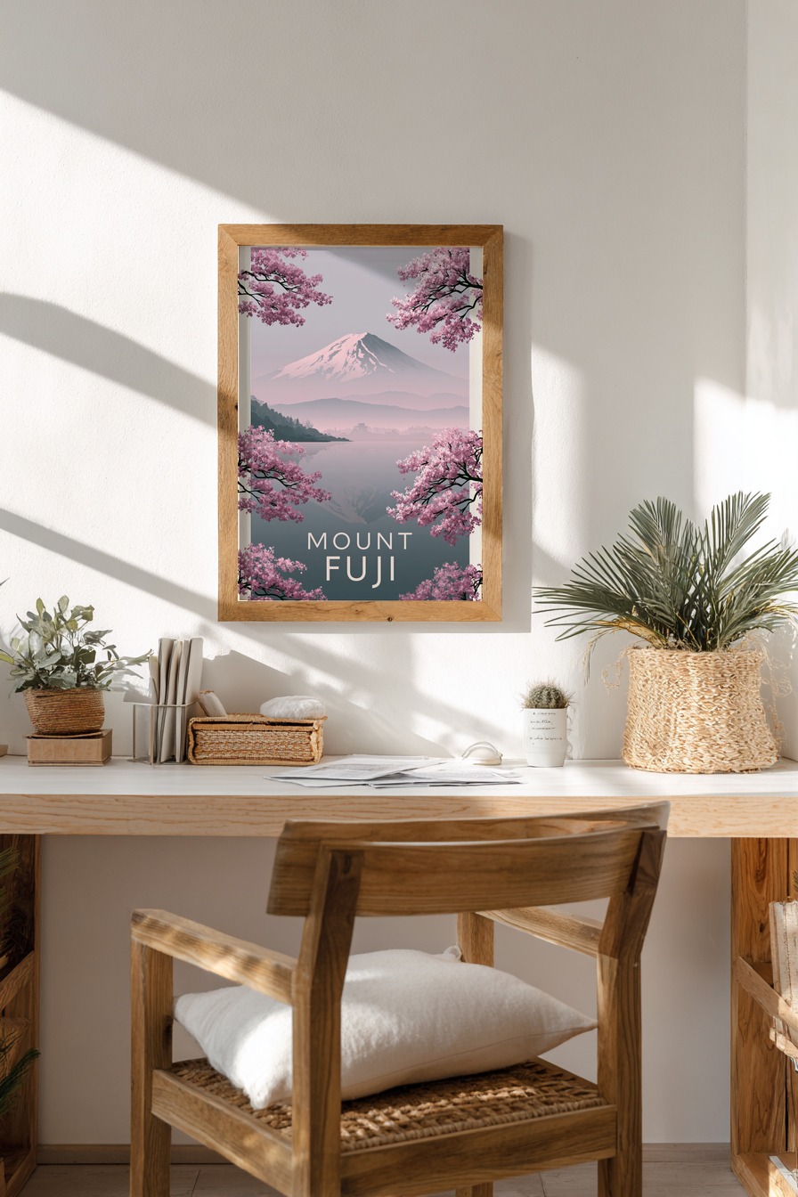 Illustration Poster Mount Fuji Kirschblüten rosa minimal