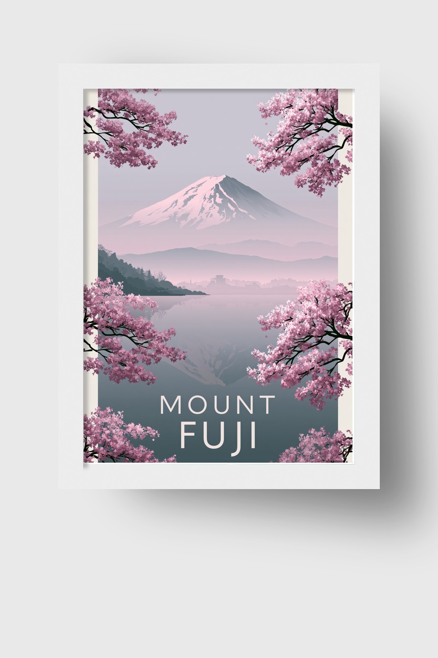 Illustration Poster Mount Fuji Kirschblüten rosa minimal
