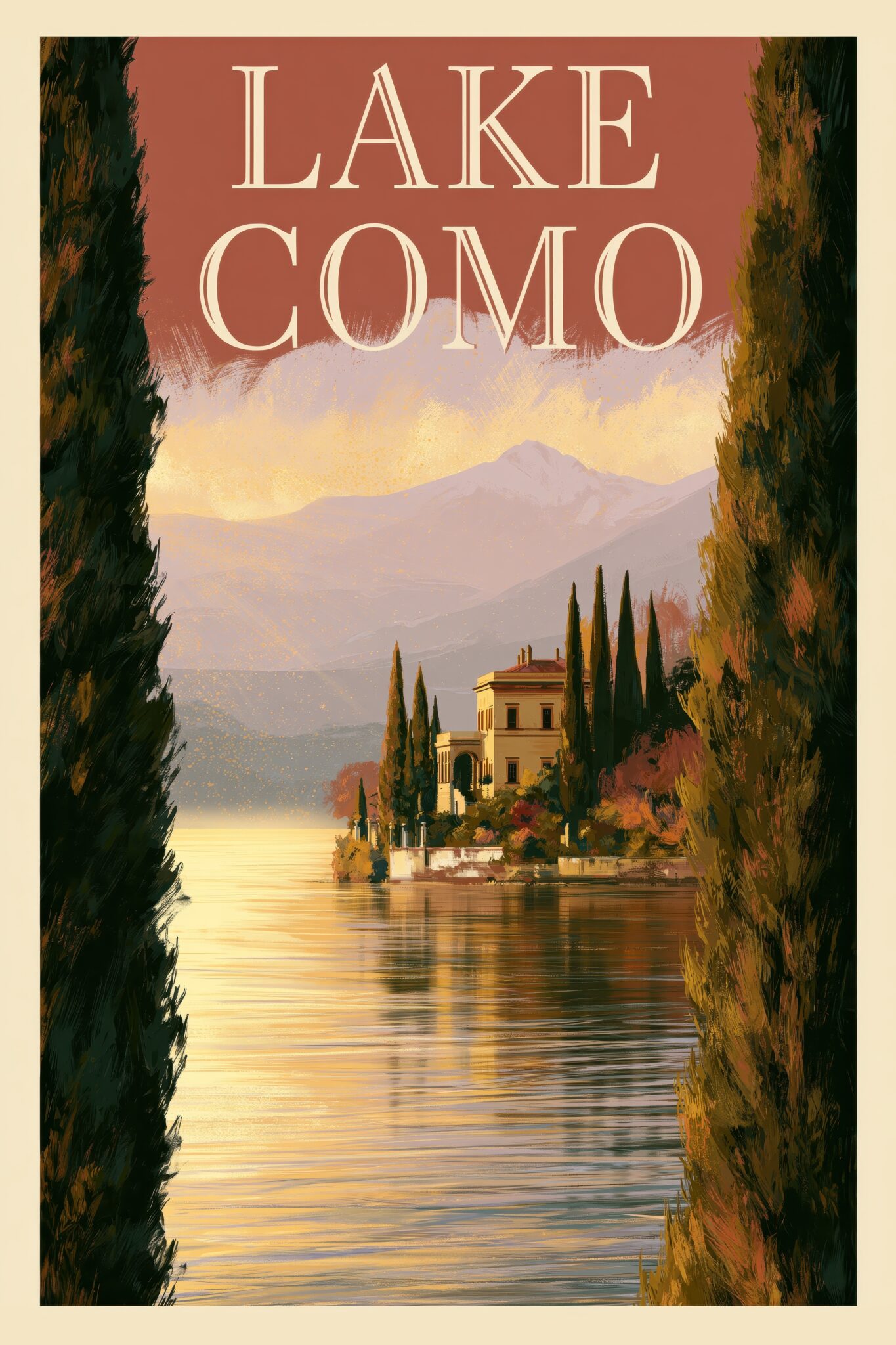 Illustration Poster Lake Como Abendlicht See Villa Zypressen