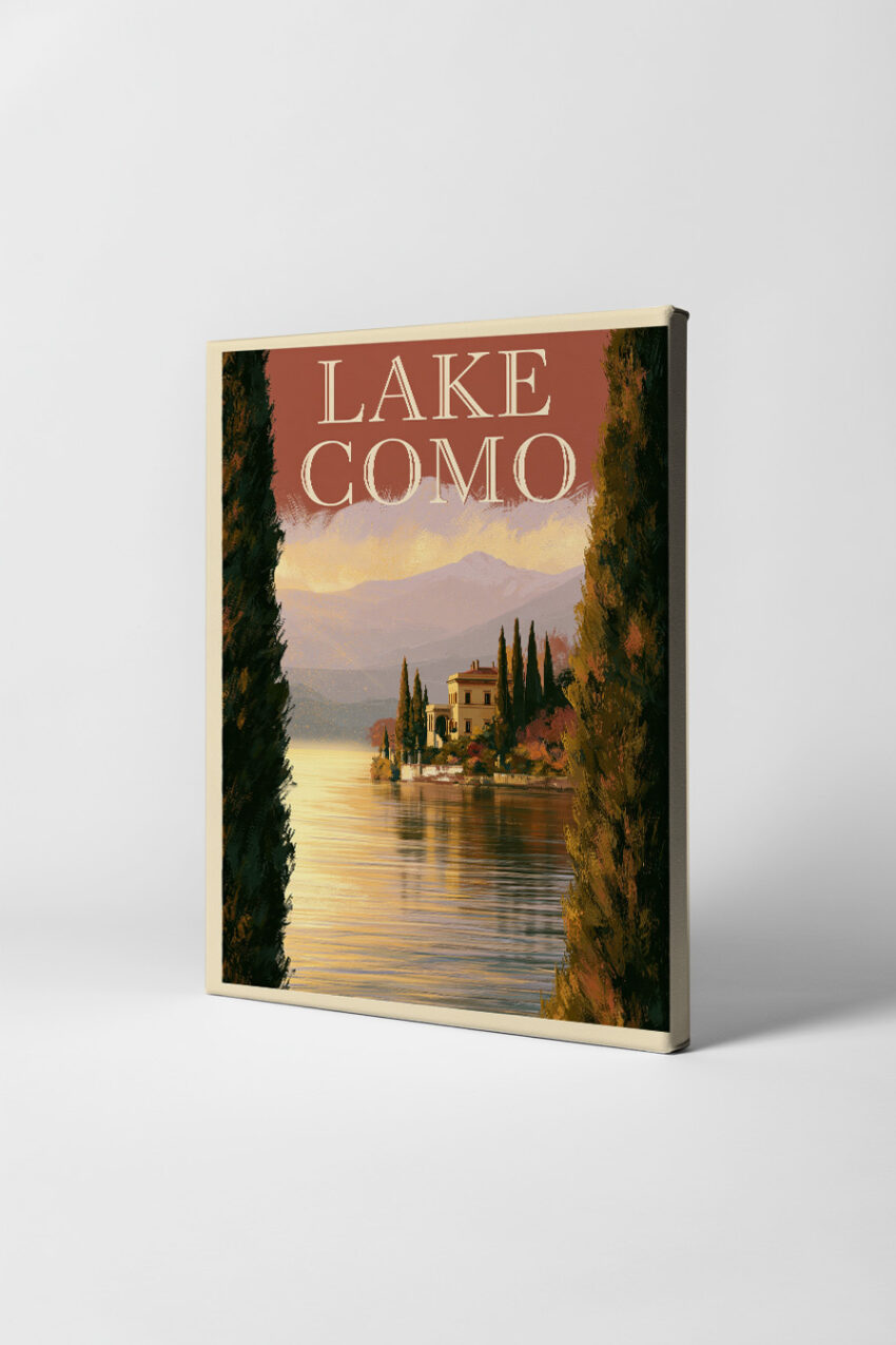 Illustration Poster Lake Como Abendlicht See Villa Zypressen