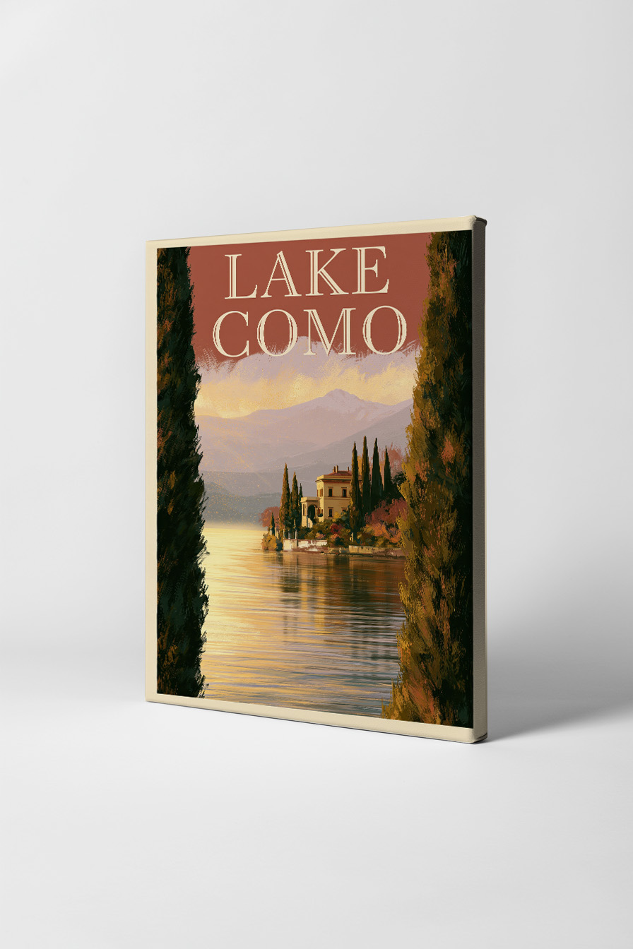 Illustration Poster Lake Como Abendlicht See Villa Zypressen