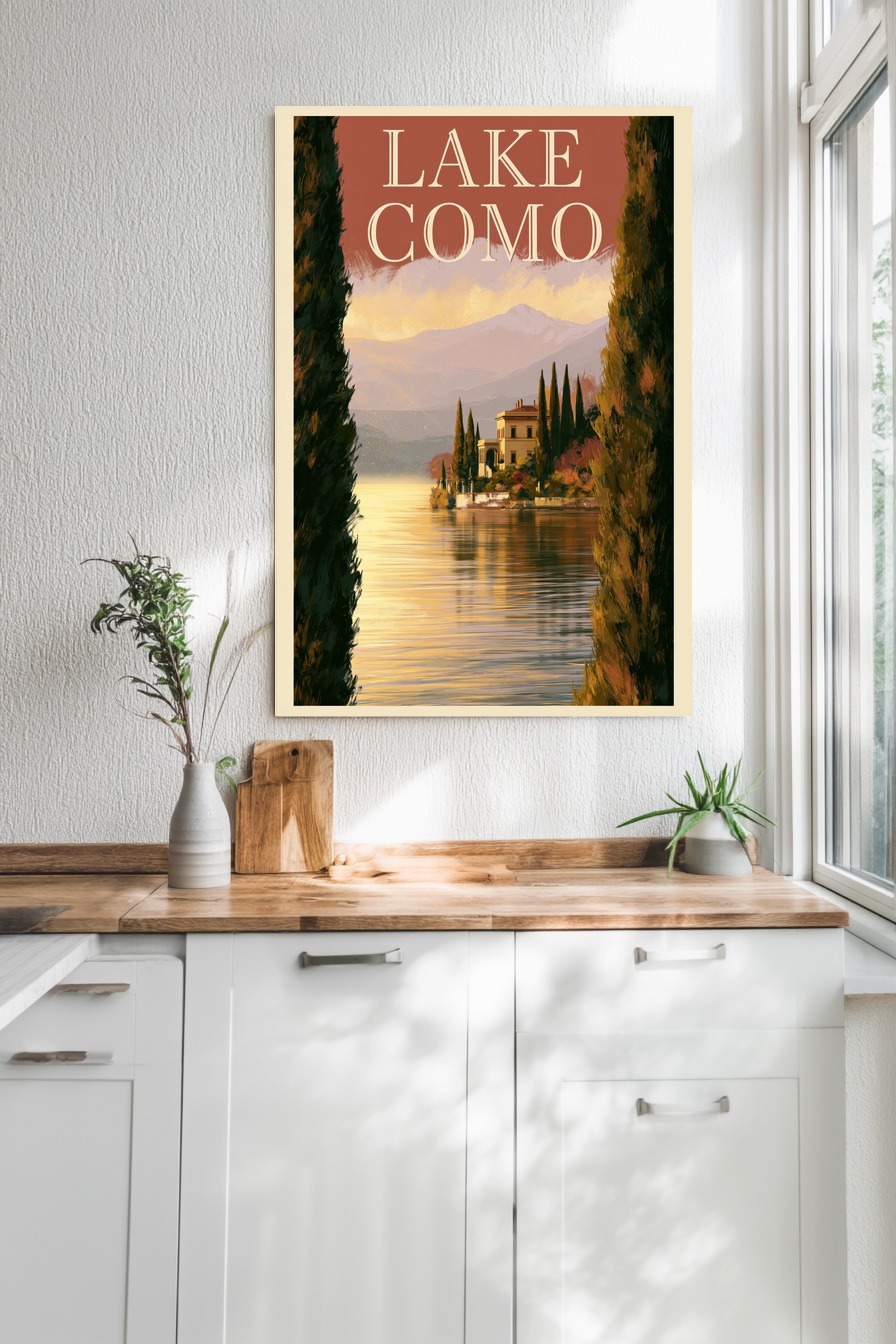 Illustration Poster Lake Como Abendlicht See Villa Zypressen