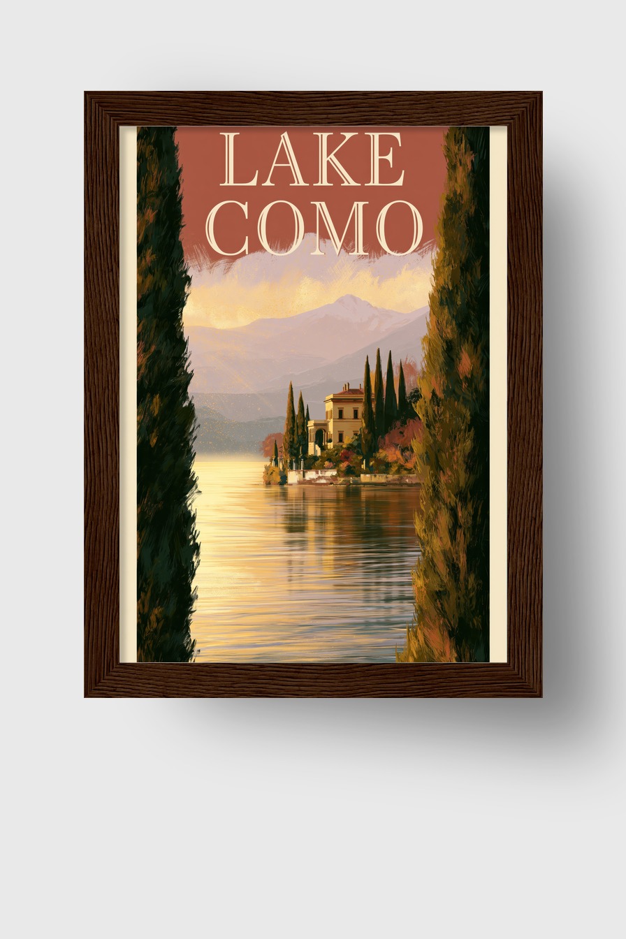 Illustration Poster Lake Como Abendlicht See Villa Zypressen