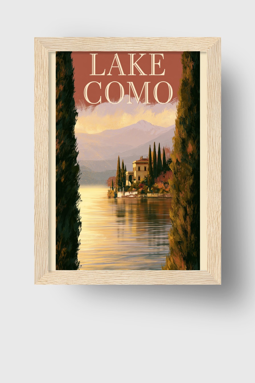 Illustration Poster Lake Como Abendlicht See Villa Zypressen