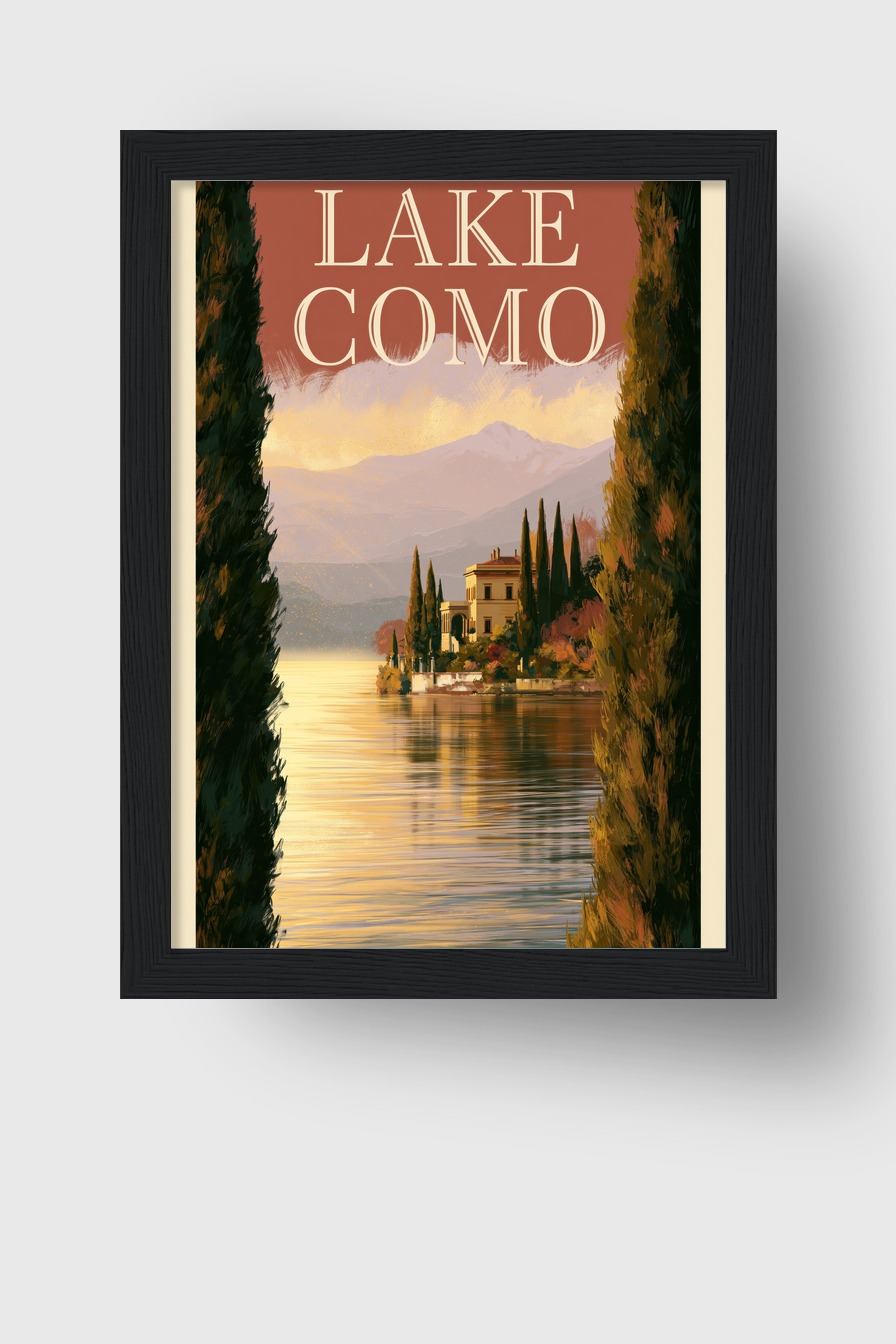 Illustration Poster Lake Como Abendlicht See Villa Zypressen
