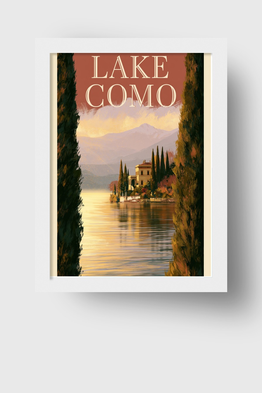 Illustration Poster Lake Como Abendlicht See Villa Zypressen
