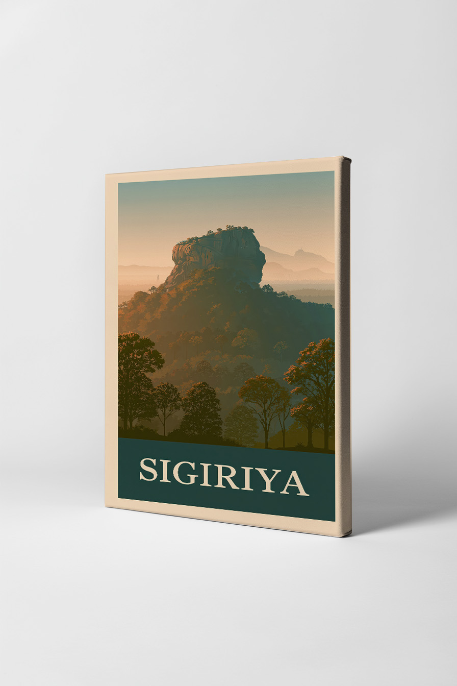 Illustration Poster Sigiriya Felsen grün orange Licht