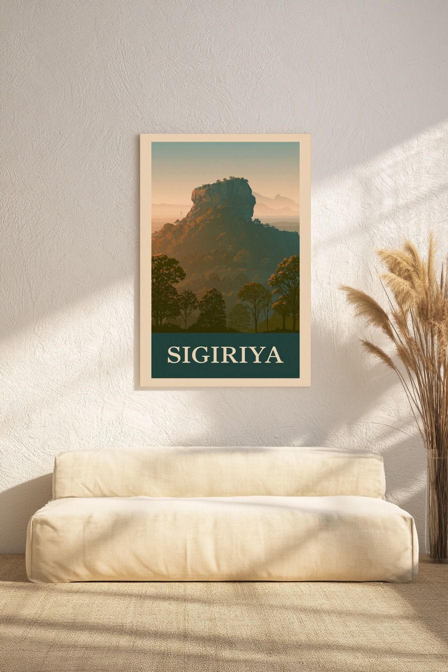 Illustration Poster Sigiriya Felsen grün orange Licht