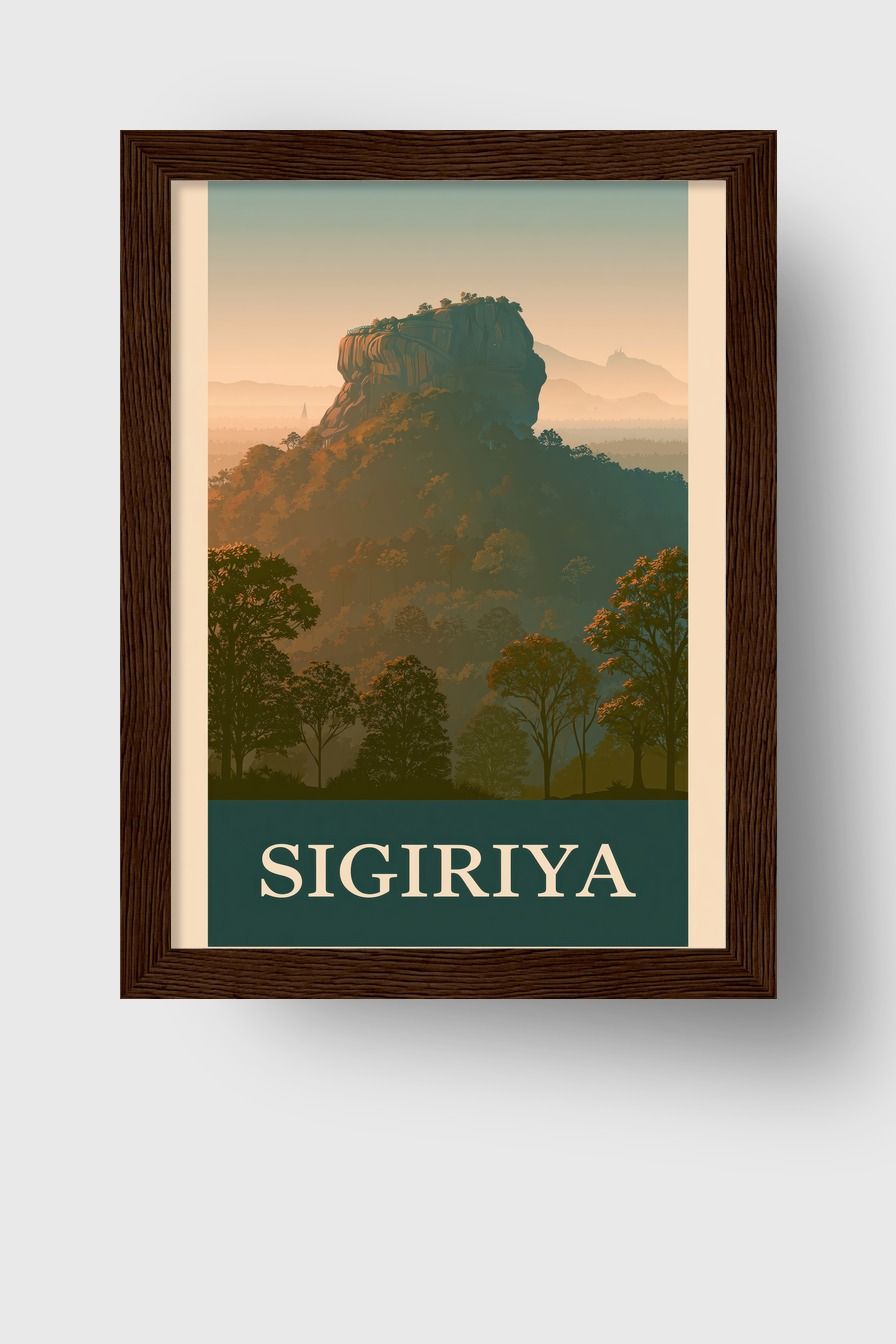 Illustration Poster Sigiriya Felsen grün orange Licht