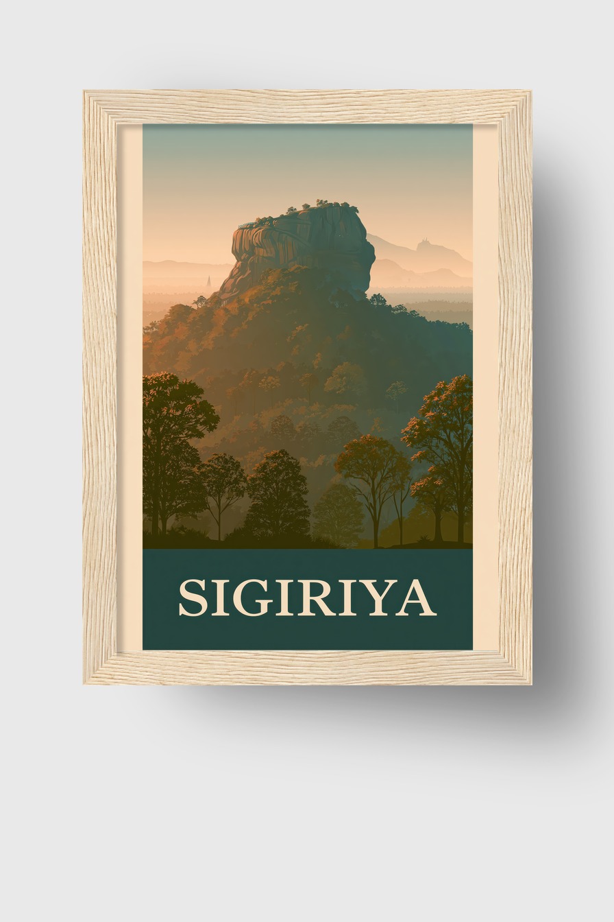 Illustration Poster Sigiriya Felsen grün orange Licht