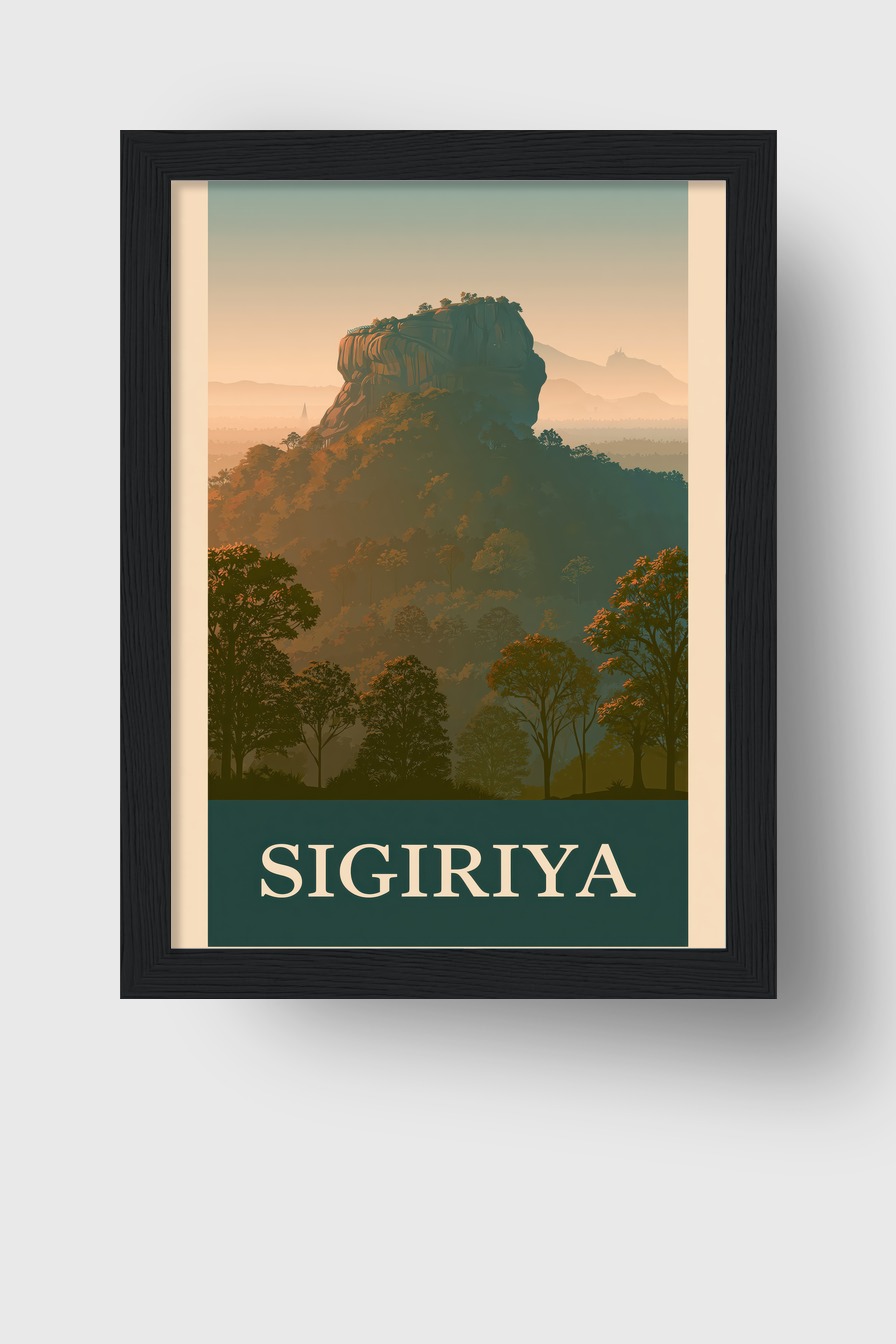 Illustration Poster Sigiriya Felsen grün orange Licht