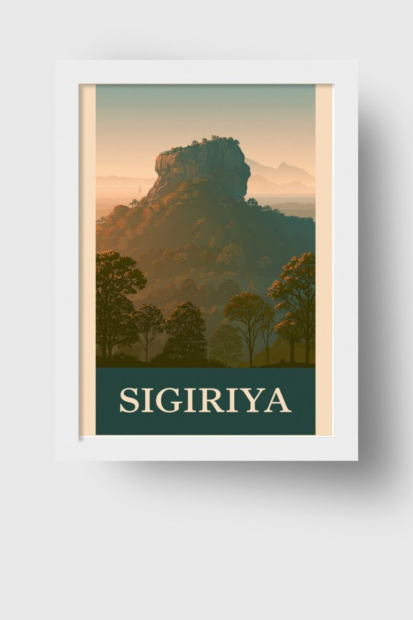 Illustration Poster Sigiriya Felsen grün orange Licht