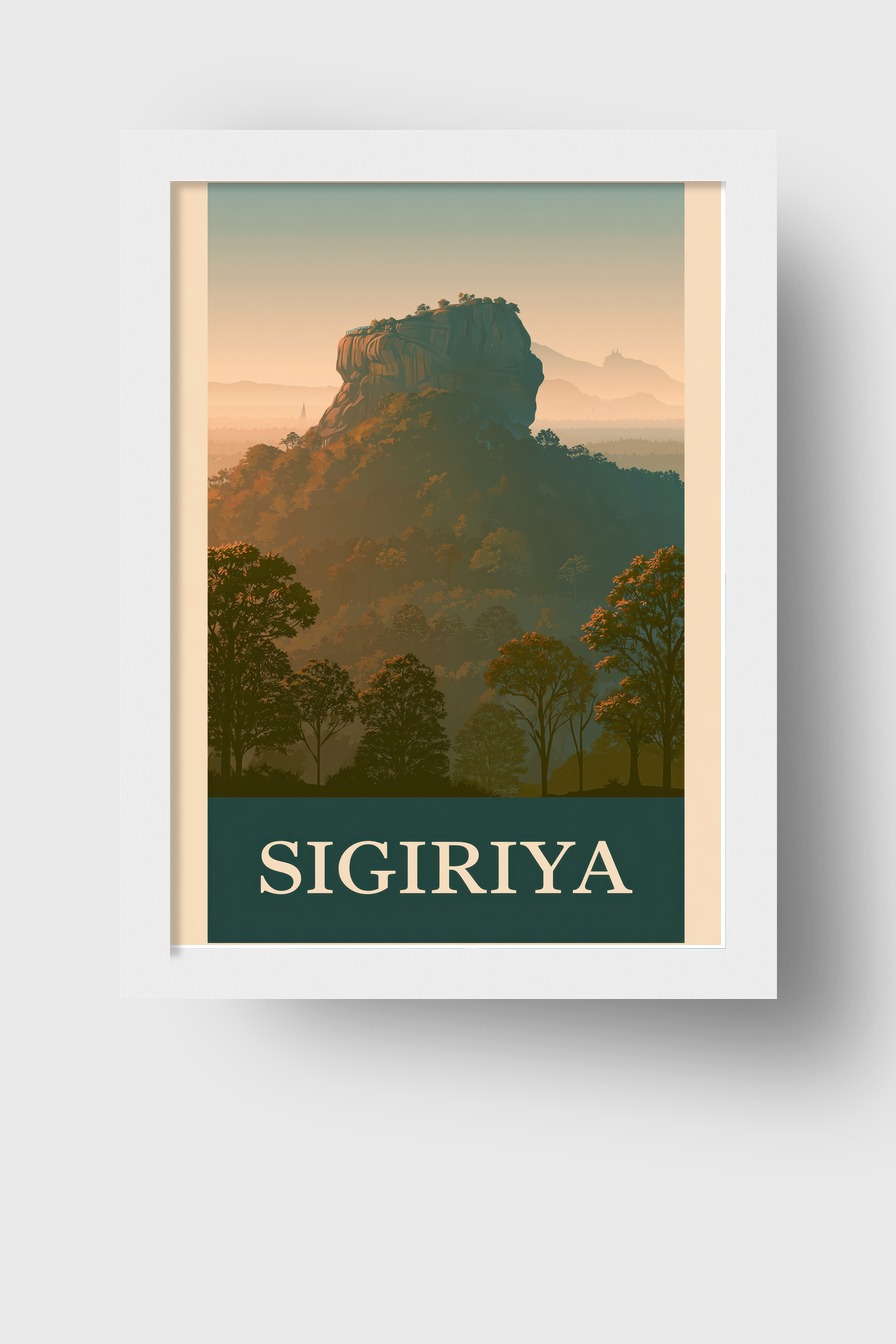 Illustration Poster Sigiriya Felsen grün orange Licht