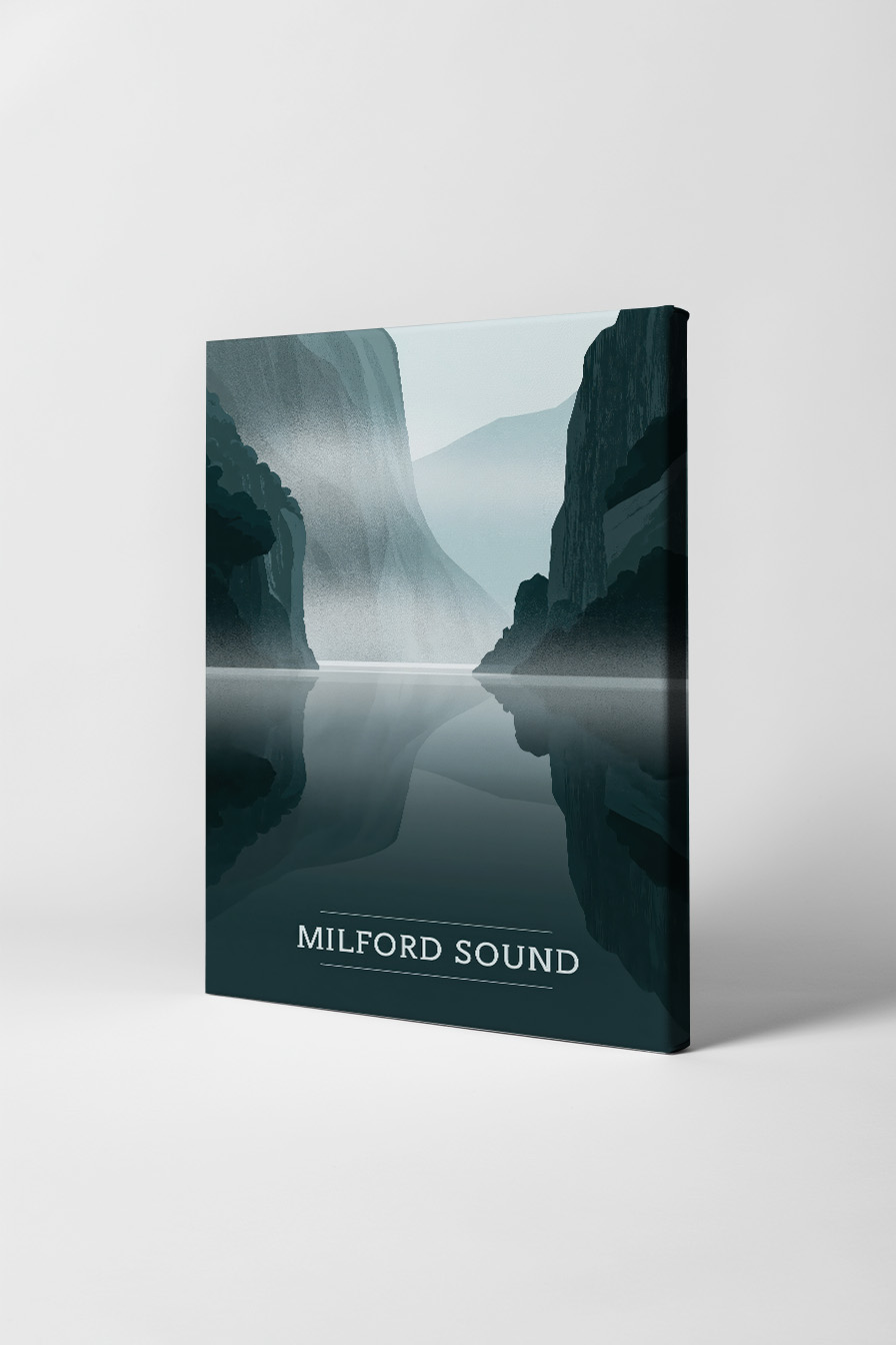 Illustration Poster Fjord ruhige Spiegelung blau grau