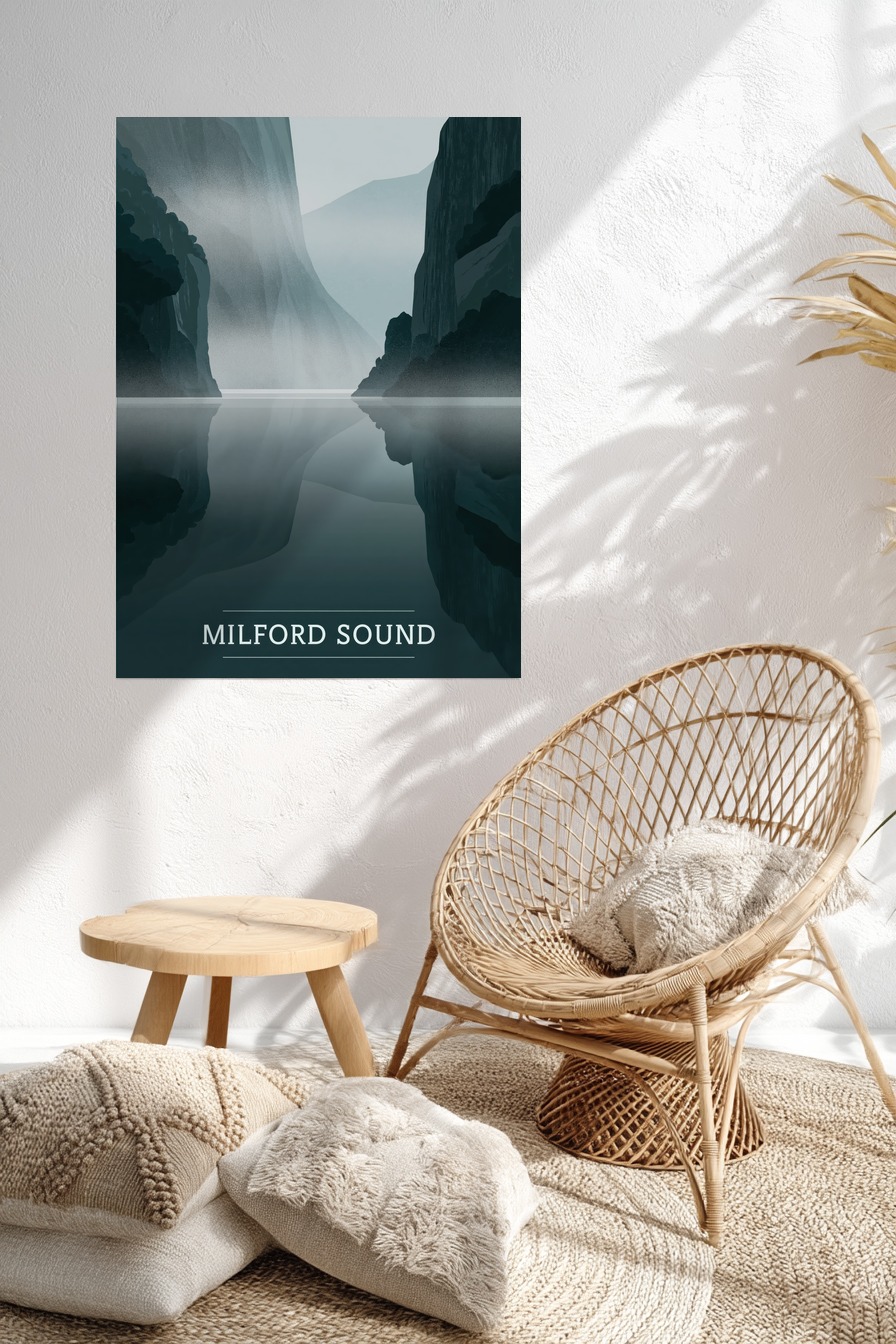 Illustration Poster Fjord ruhige Spiegelung blau grau