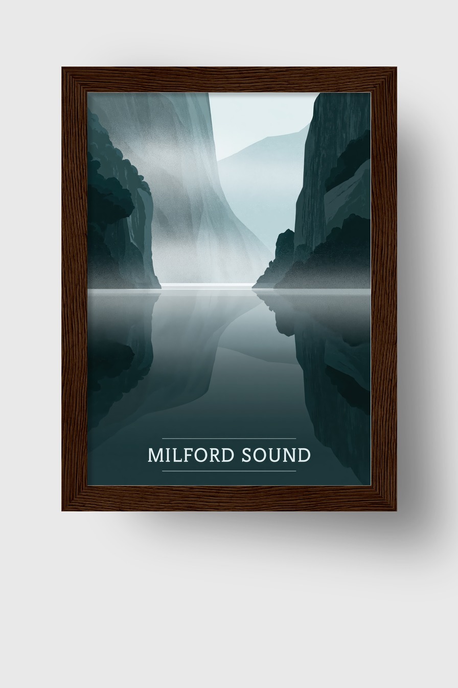 Illustration Poster Fjord ruhige Spiegelung blau grau