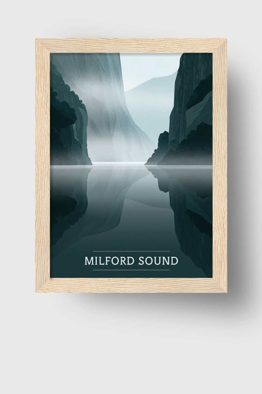 Illustration Poster Fjord ruhige Spiegelung blau grau