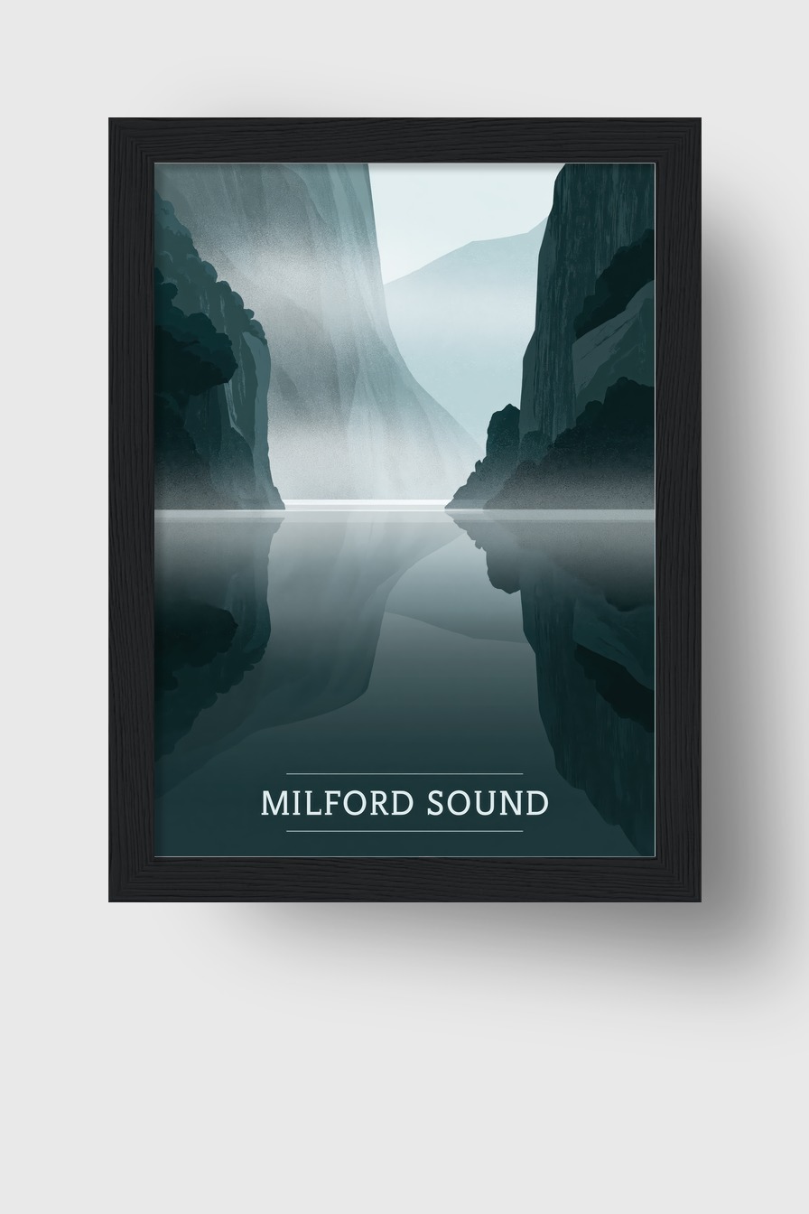 Illustration Poster Fjord ruhige Spiegelung blau grau