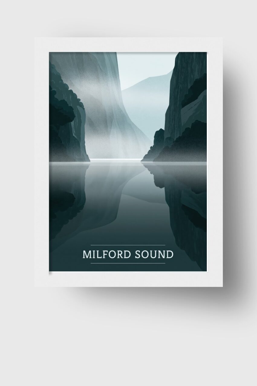 Illustration Poster Fjord ruhige Spiegelung blau grau