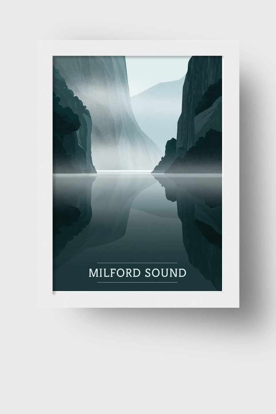 Illustration Poster Fjord ruhige Spiegelung blau grau
