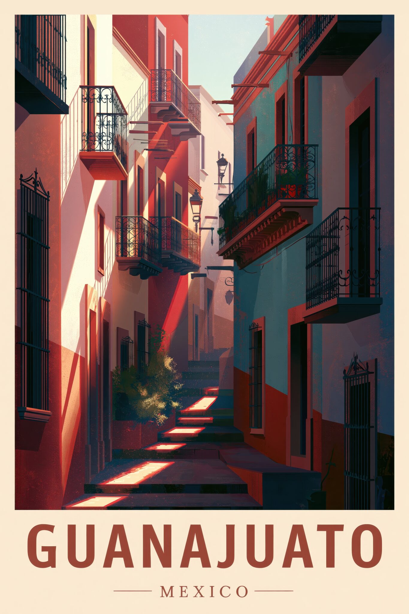 Illustration Poster Gasse Mexiko urban Schatten rot