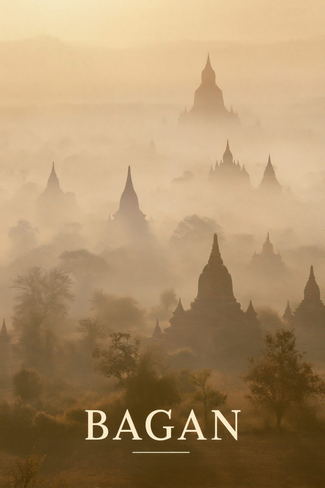Fotografie Poster Bagan Tempel mystisch neblig