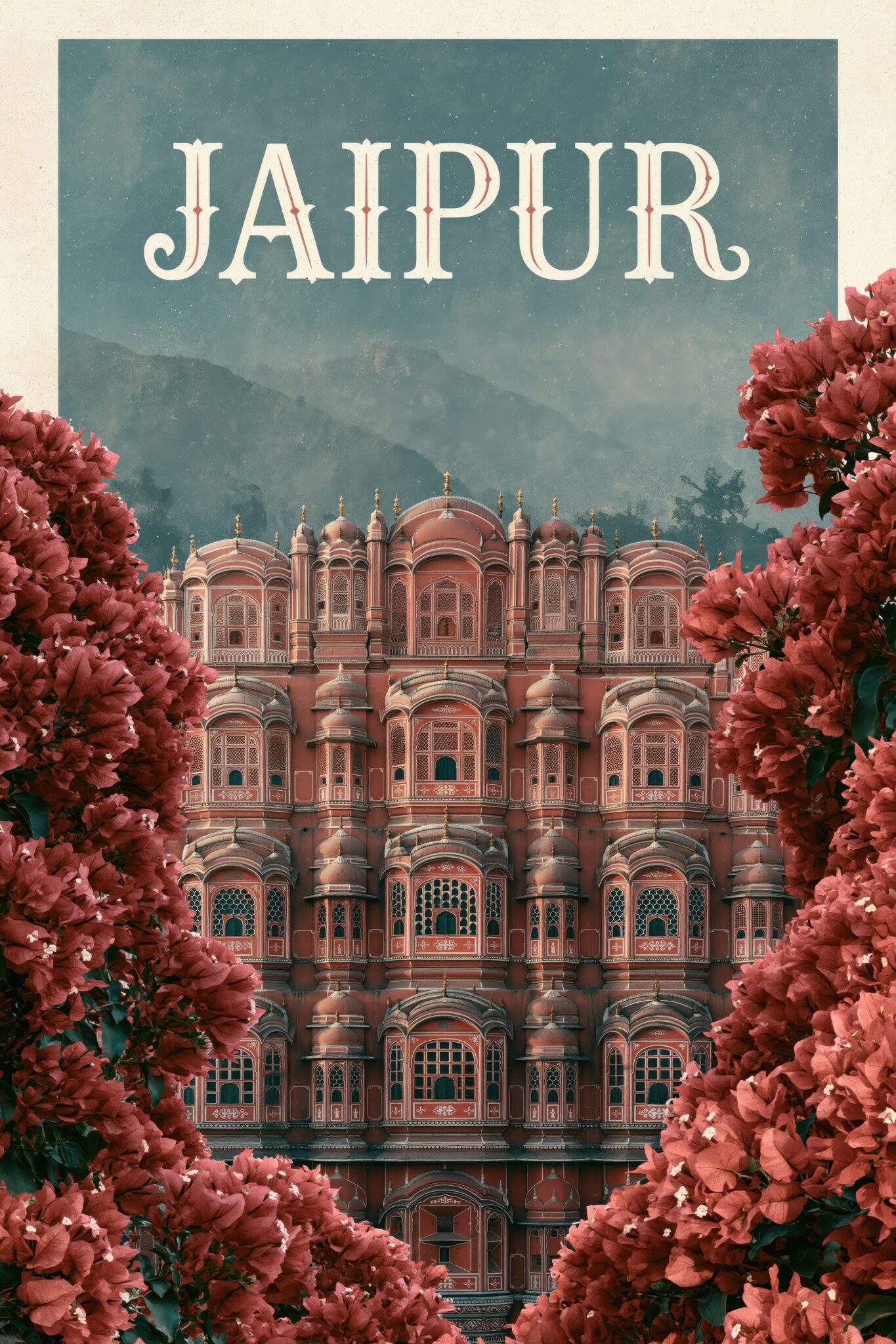 Illustration Poster Jaipur Palast rosa Blumen Detail
