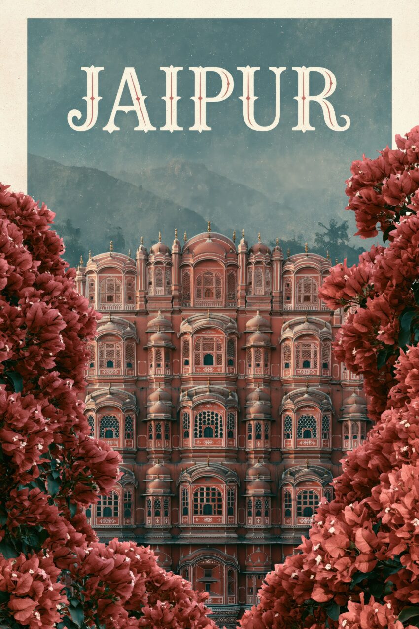 Illustration Poster Jaipur Palast rosa Blumen Detail