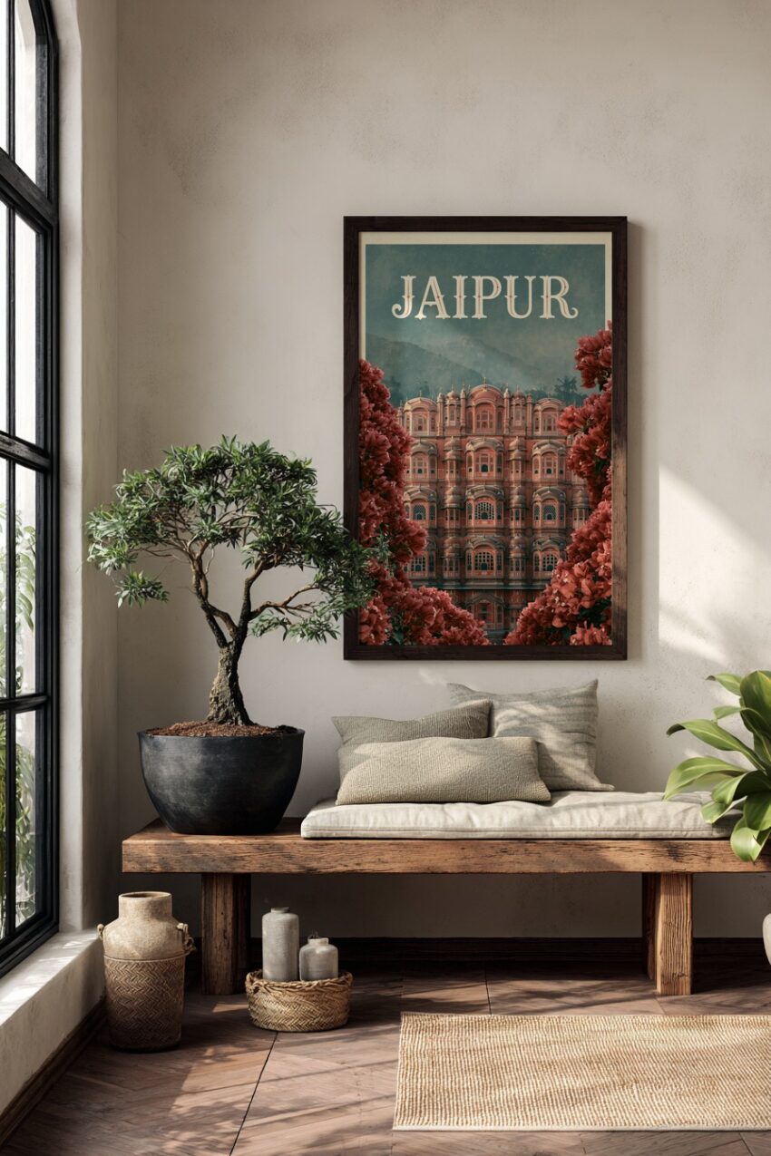 Illustration Poster Jaipur Palast rosa Blumen Detail