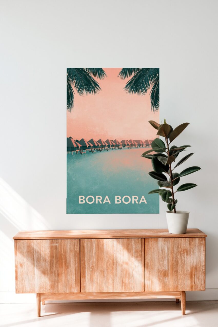 Illustration Poster Bungalows Wasser tropisch Pastell