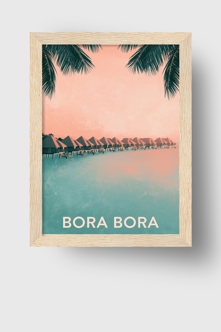 Illustration Poster Bungalows Wasser tropisch Pastell