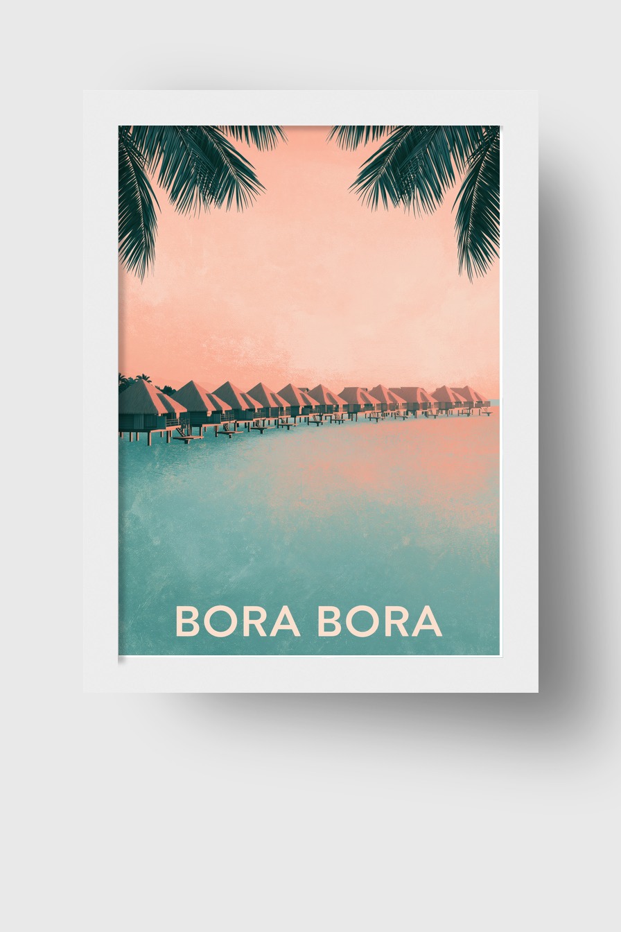 Illustration Poster Bungalows Wasser tropisch Pastell
