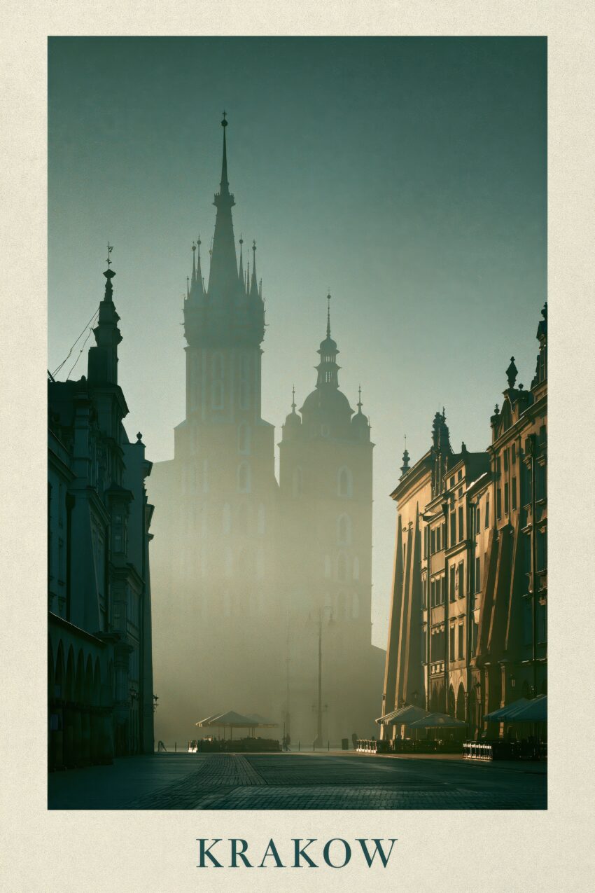 Fotografie Poster Rathaus Turm historisch Nebel gedämpft