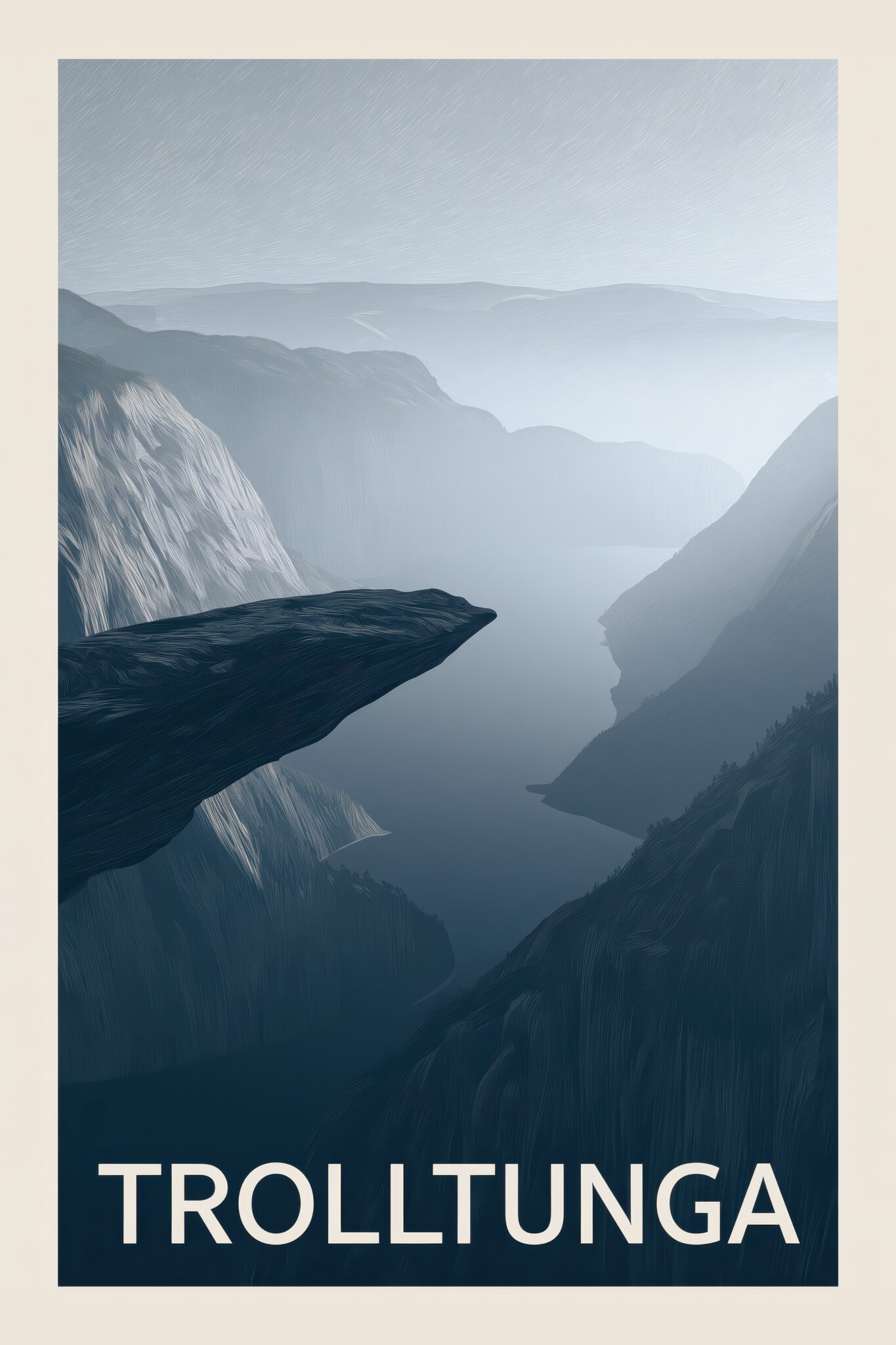 Digital Poster Trolltunga Felsvorsprung neblig blau