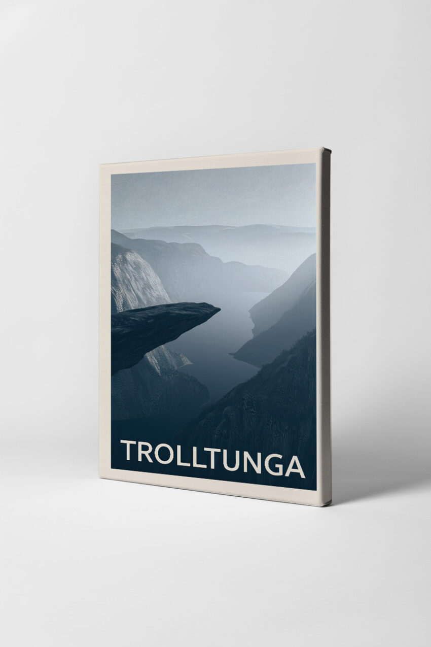 Digital Poster Trolltunga Felsvorsprung neblig blau