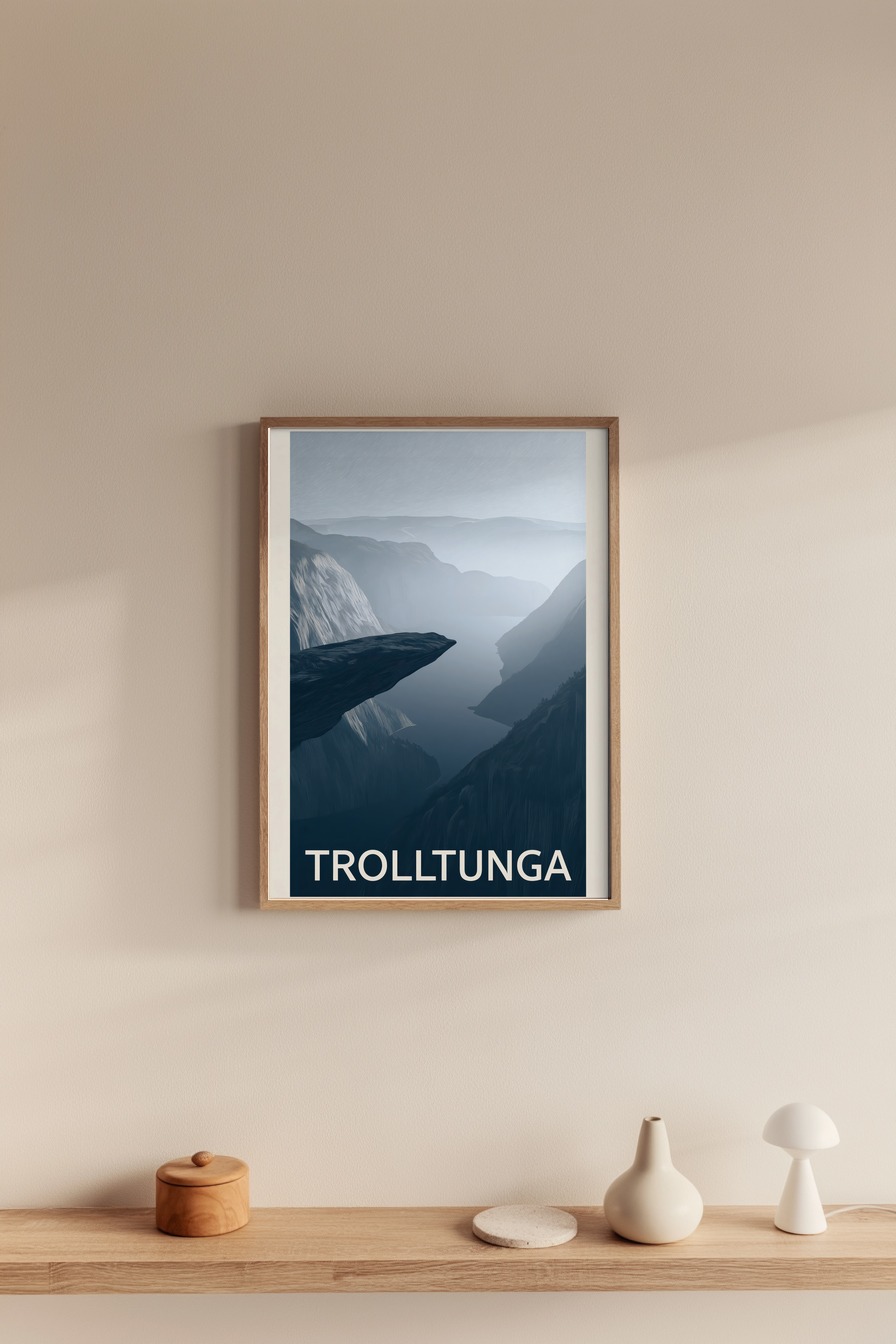 Digital Poster Trolltunga Felsvorsprung neblig blau