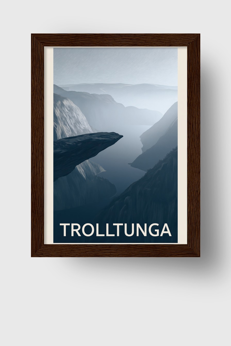 Digital Poster Trolltunga Felsvorsprung neblig blau