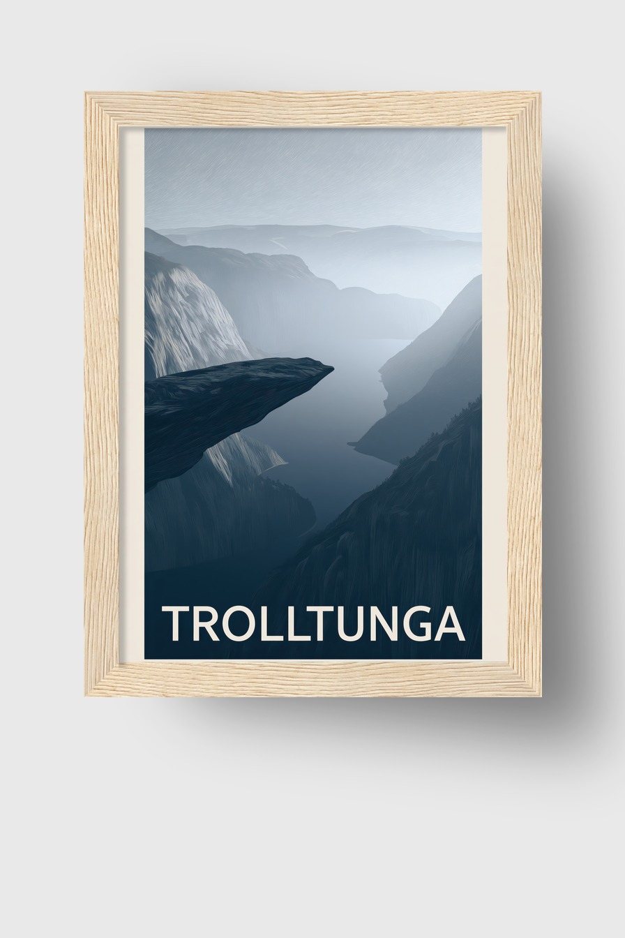 Digital Poster Trolltunga Felsvorsprung neblig blau
