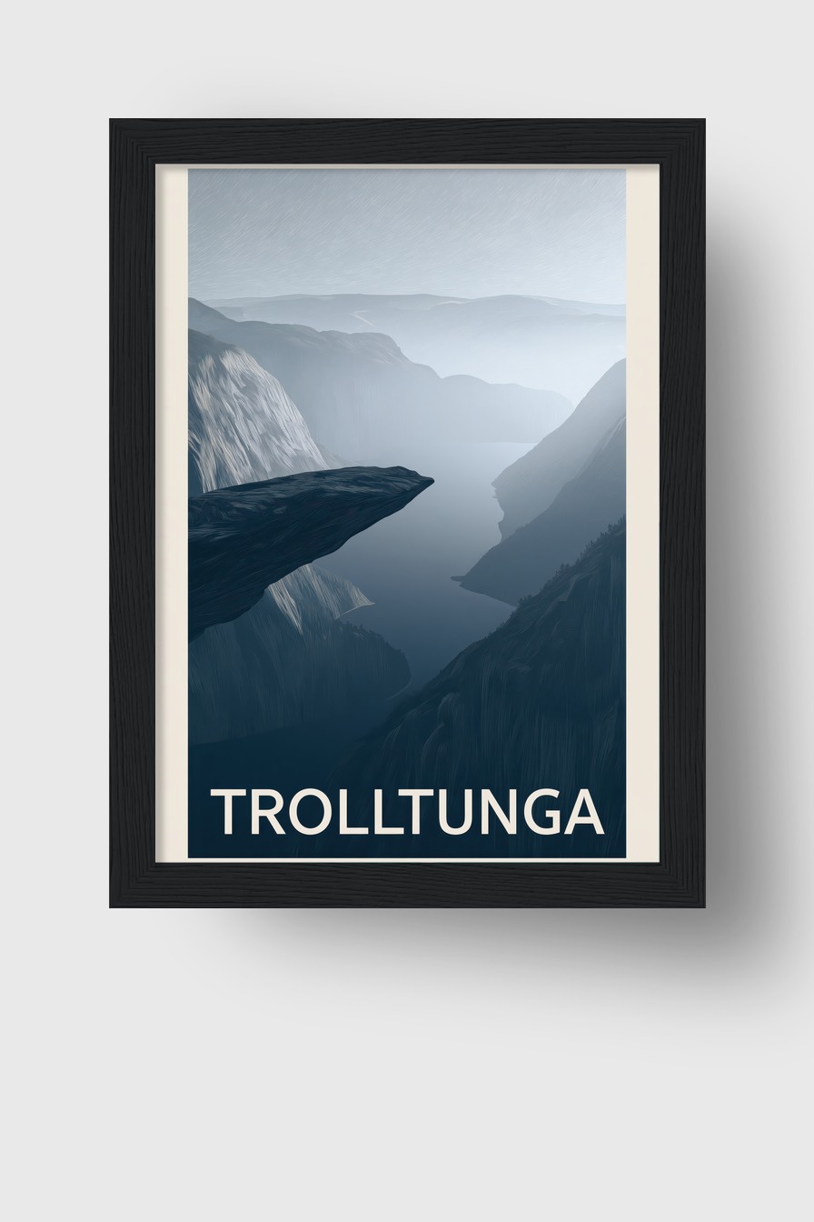 Digital Poster Trolltunga Felsvorsprung neblig blau