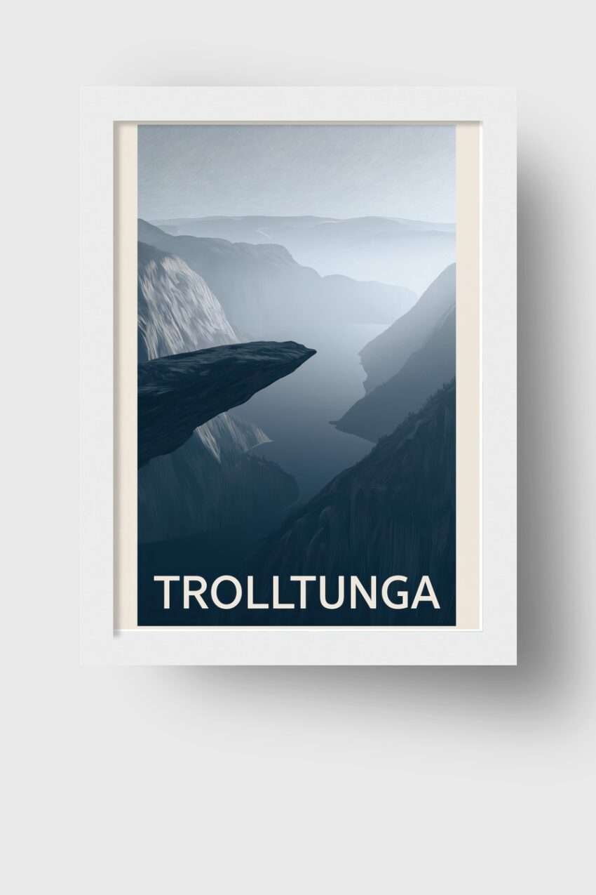 Digital Poster Trolltunga Felsvorsprung neblig blau