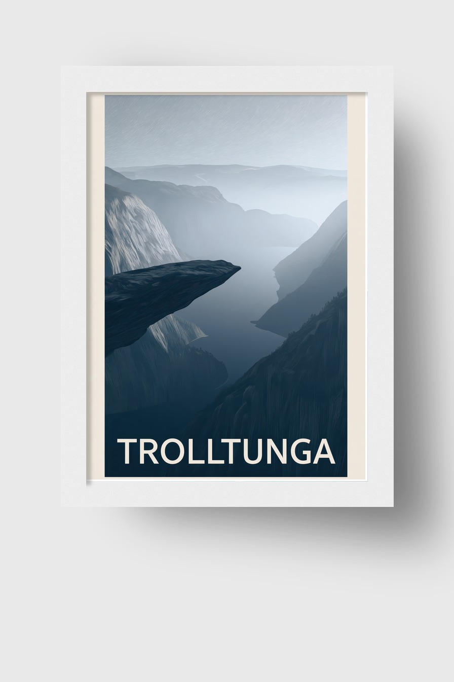 Digital Poster Trolltunga Felsvorsprung neblig blau