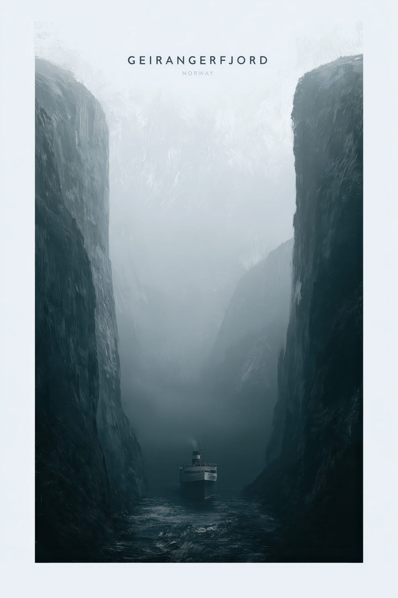 Fotografie Poster Fjord Nebel Schiff maritim blau grau