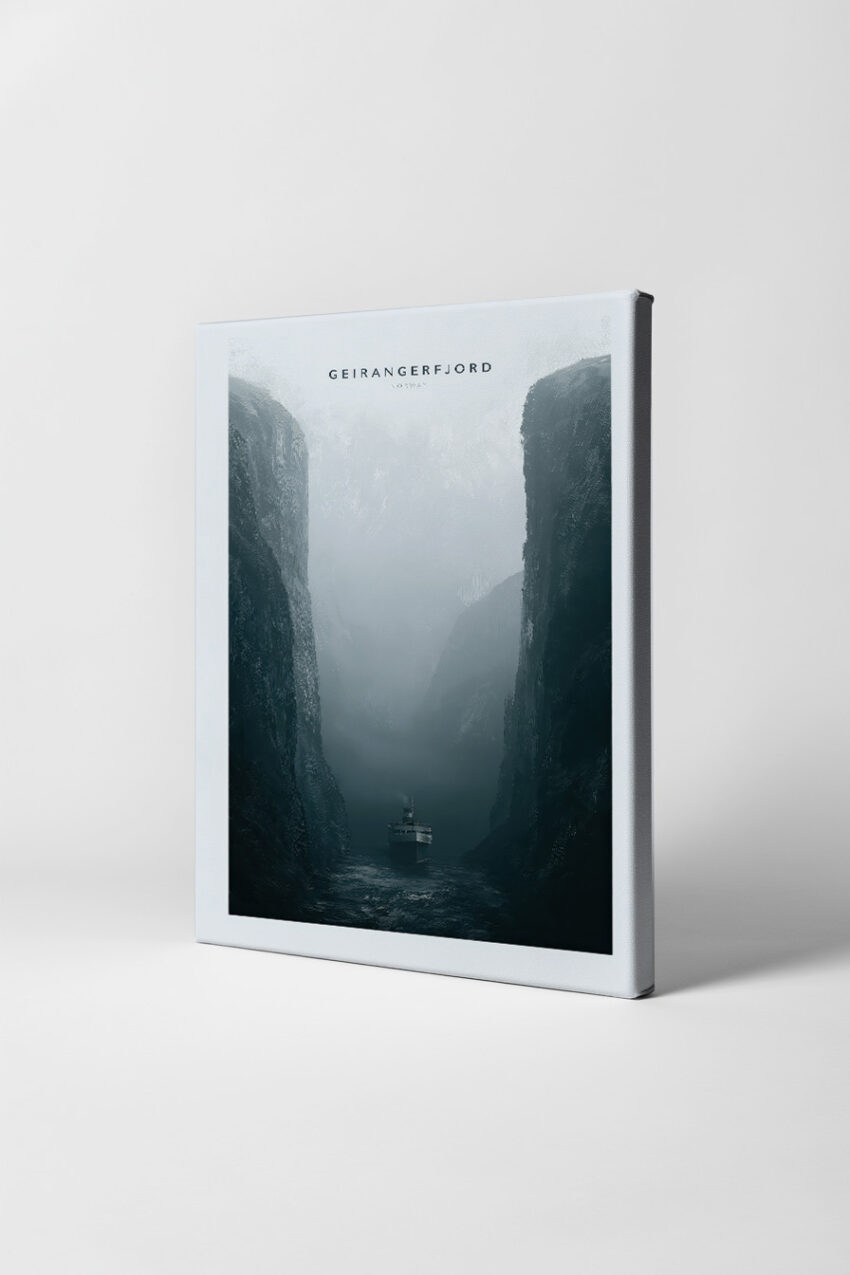Fotografie Poster Fjord Nebel Schiff maritim blau grau